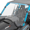 Clear windshield windscreen with black mounting clips on UTV cab