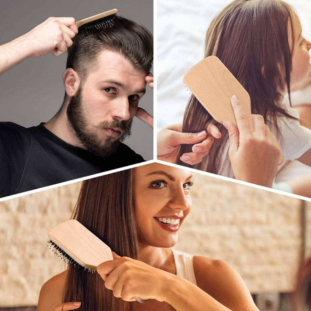 Wooden paddle hairbrush with black bristles used to smooth hair