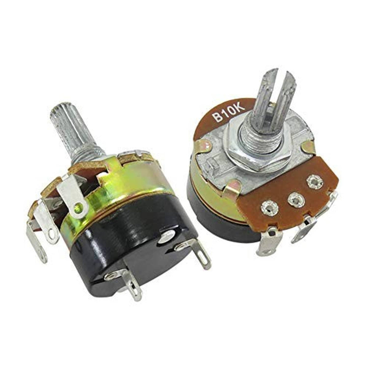 Two rotary potentiometers with switch; B10K label, metal shafts, brown and black housings