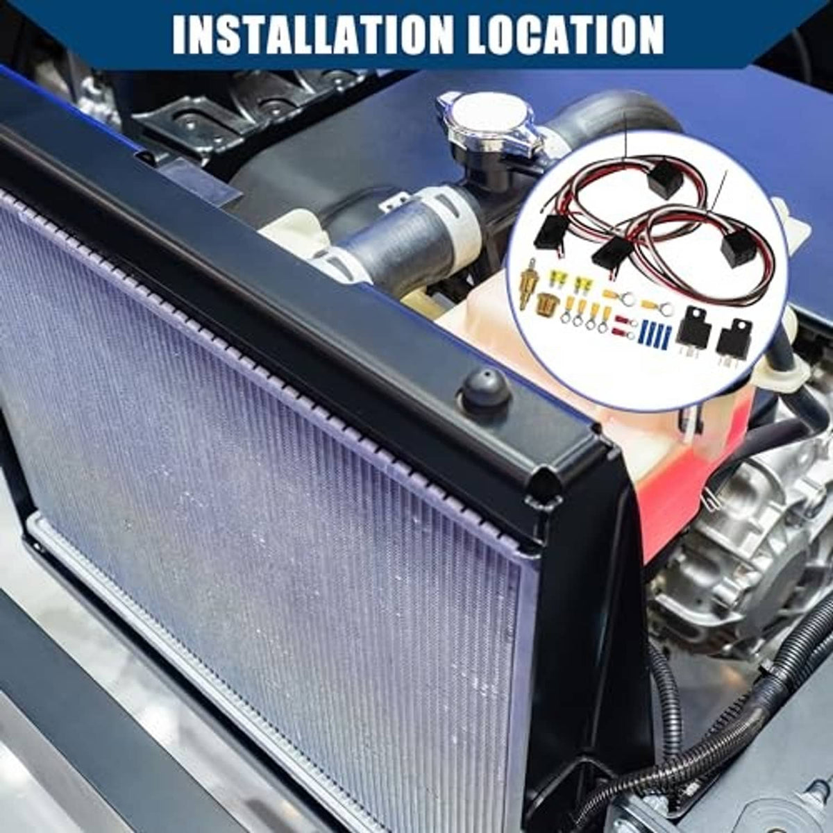 Electric fan relay kit installed near radiator hose with sensor wiring and relays