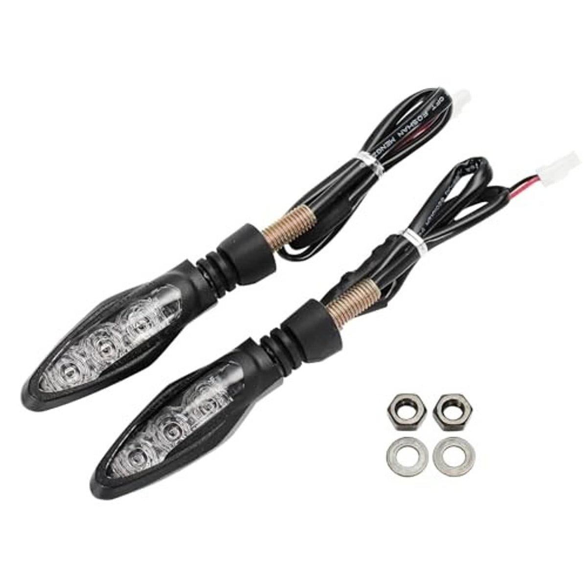 LED motorcycle turn signal lights with clear lens and black housing, includes mounting hardware