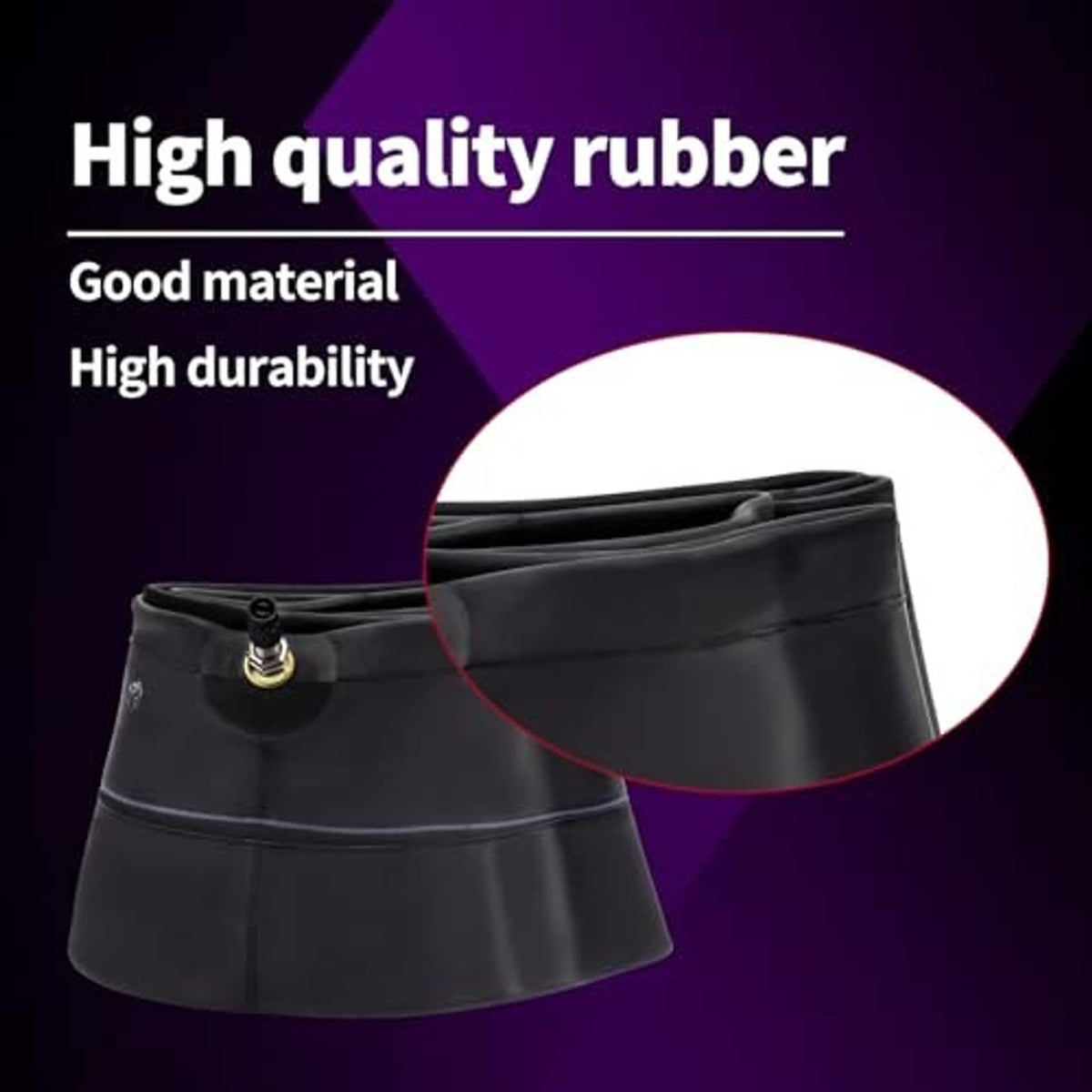 Black motorcycle inner tube with air valve stem, sidewall detail