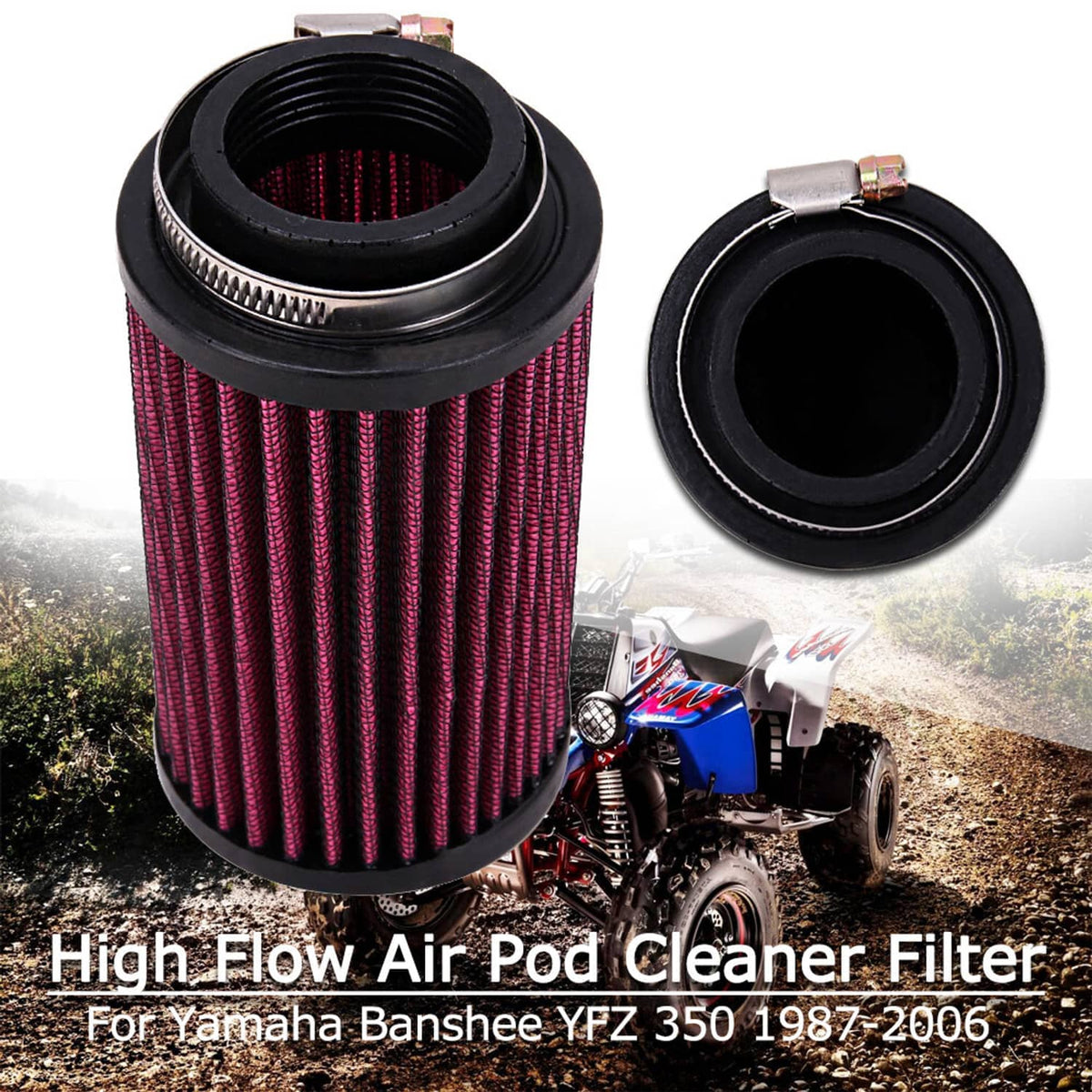 Red and black high-flow air pod filter with round openings and mounting ring