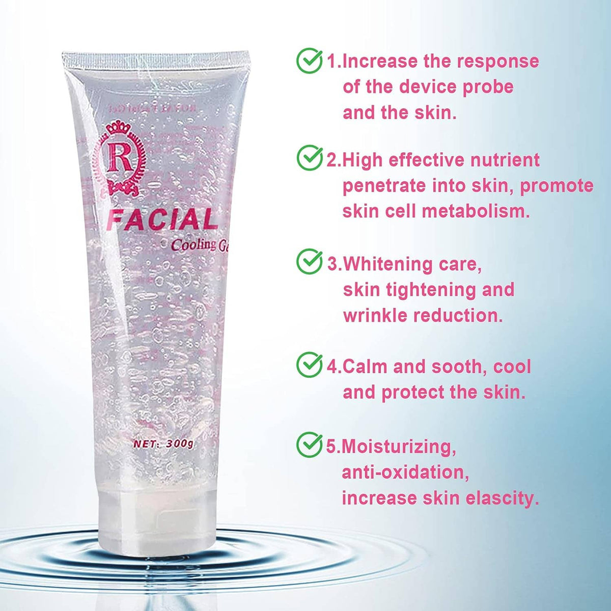 Facial cooling gel tube with green feature icons and clear gel texture