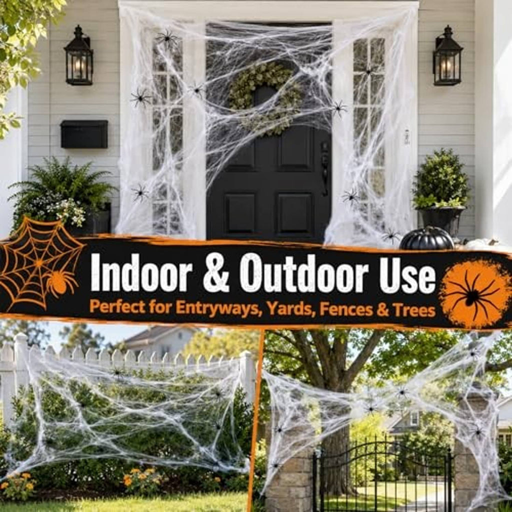 White spider web decor with black spiders, covering doorway and yard fence area