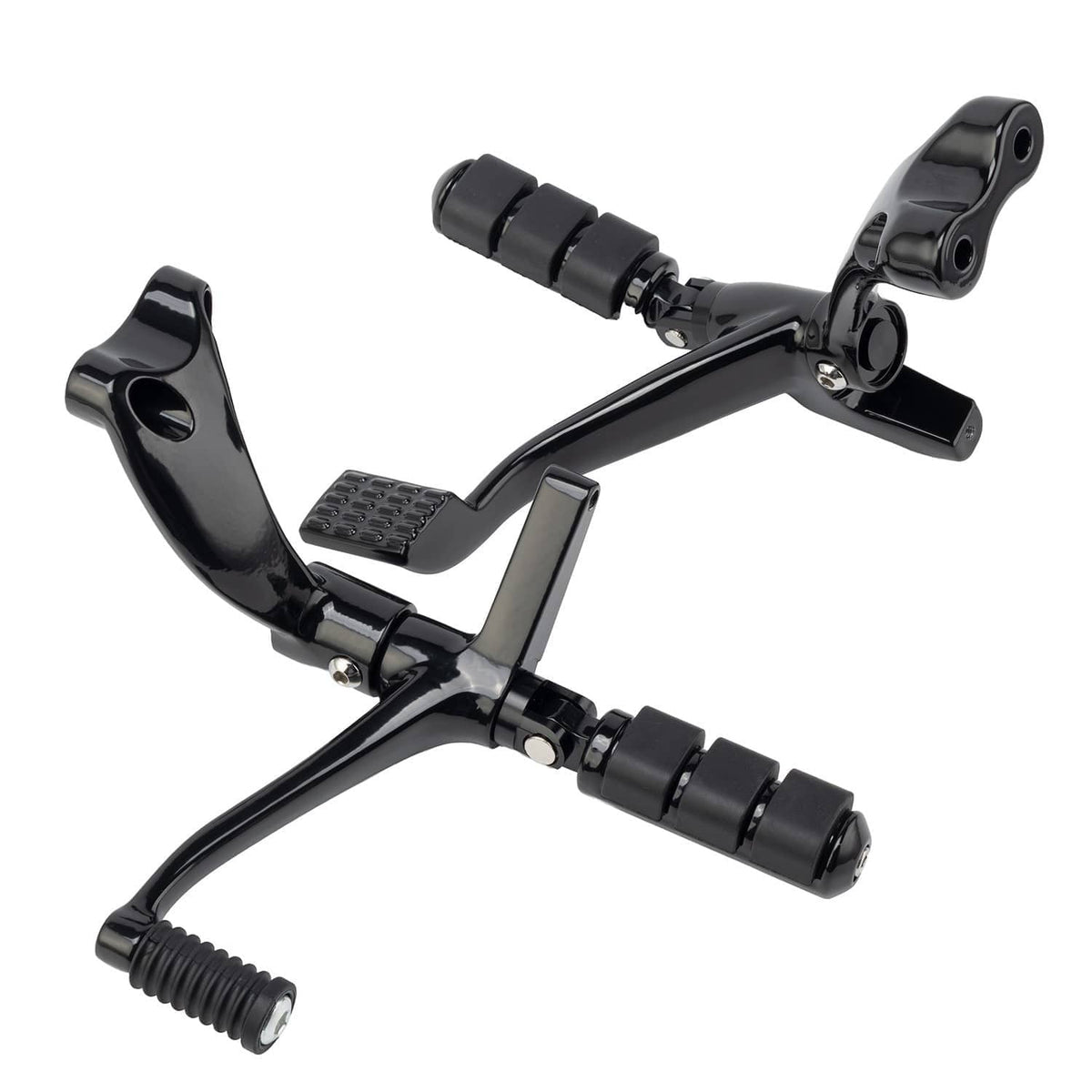 Black forward control foot pegs and levers with folding shift linkage hardware