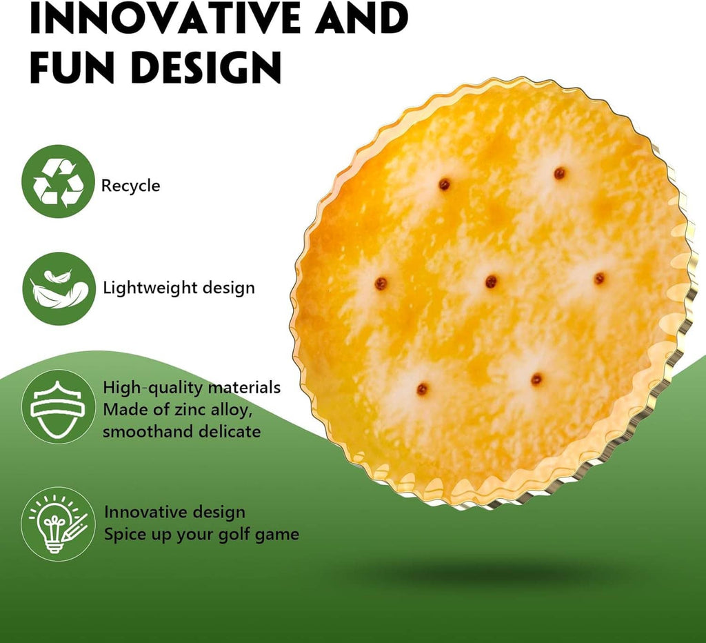Orange cracker-style golf ball marker with small black dots, product design callouts