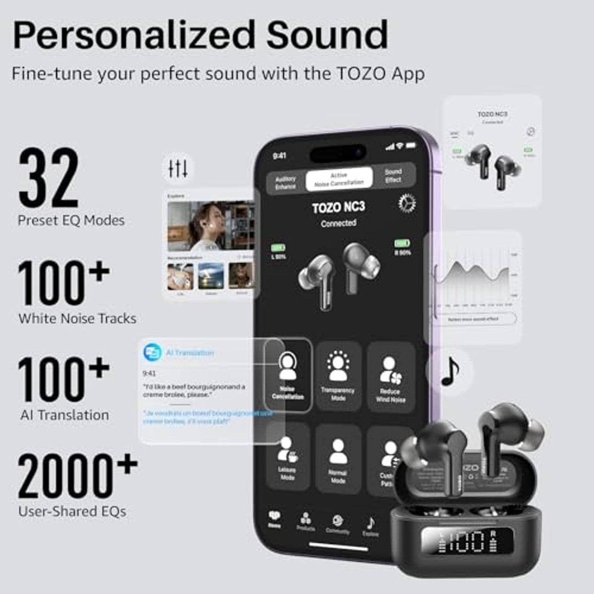 Black wireless earbuds and charging case shown with app interface on screen