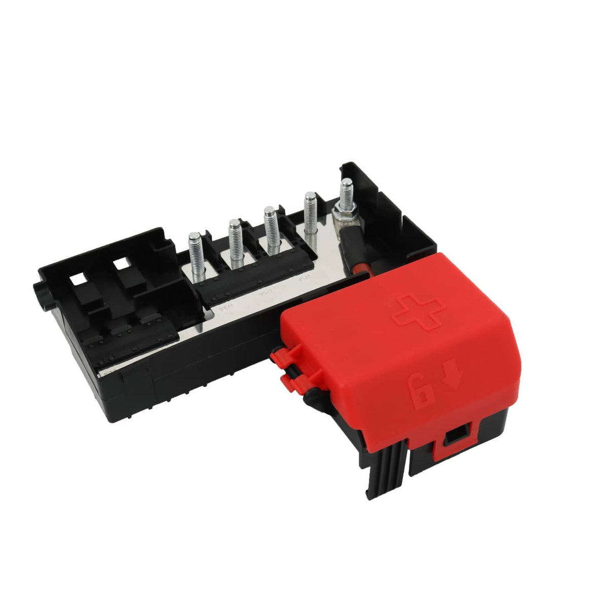 Battery fuse block with red end cover and multiple metal terminal posts on black base