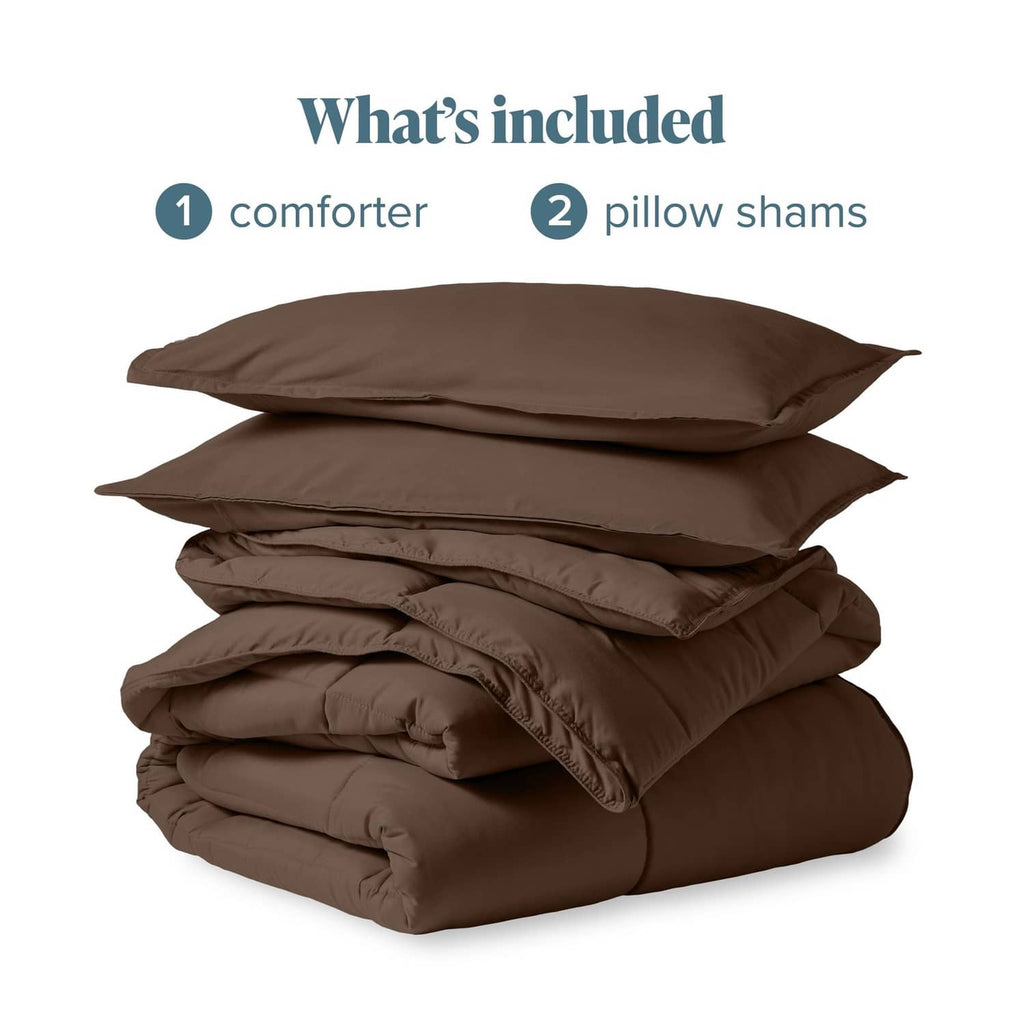 Cocoa brown comforter and two pillow shams neatly stacked
