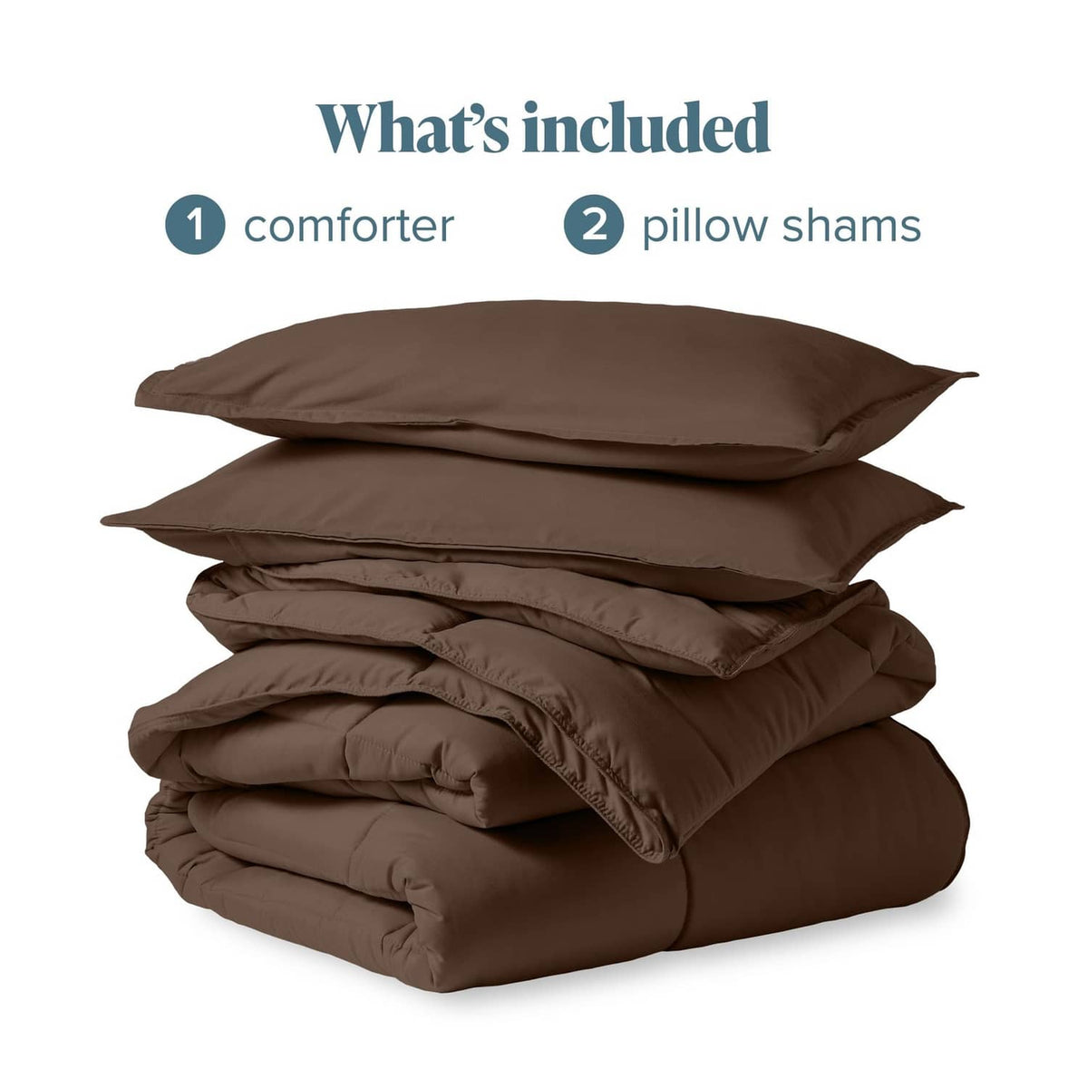 Cocoa brown comforter and two pillow shams neatly stacked