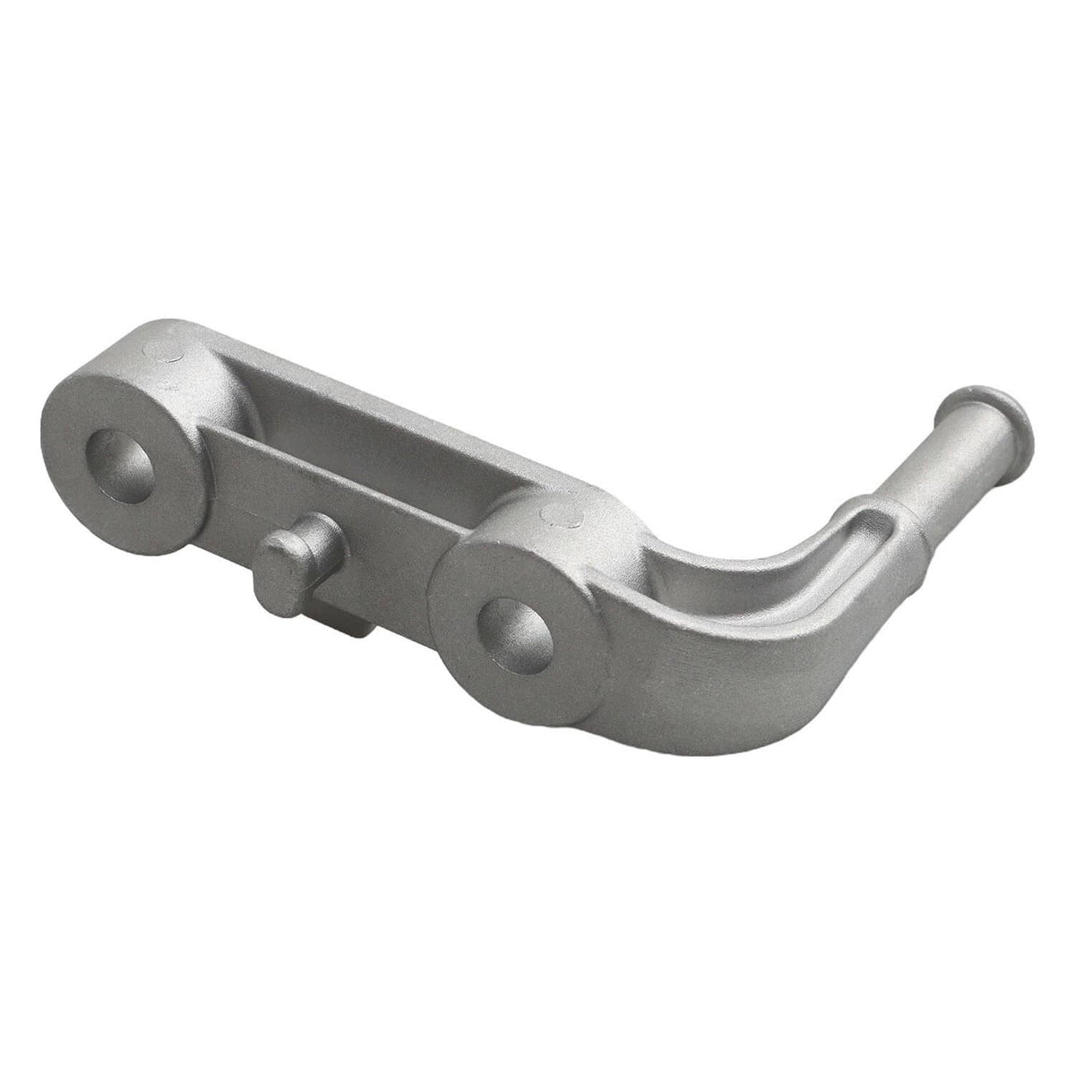 Curved exhaust tailpipe bracket with two mounting plates and bolt holes, silver metal.