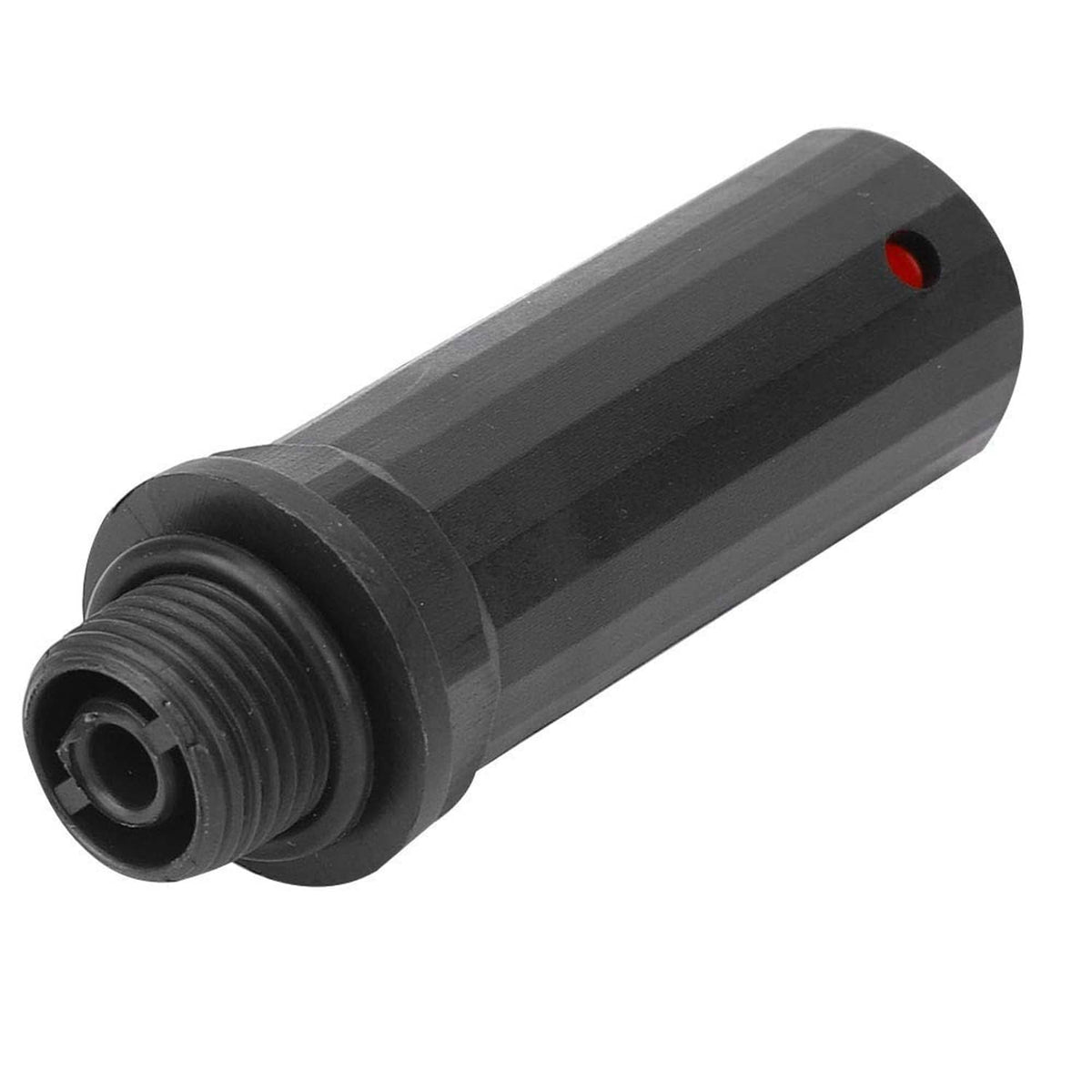 Black compressor piston air valve with inlet nozzle and side red hole