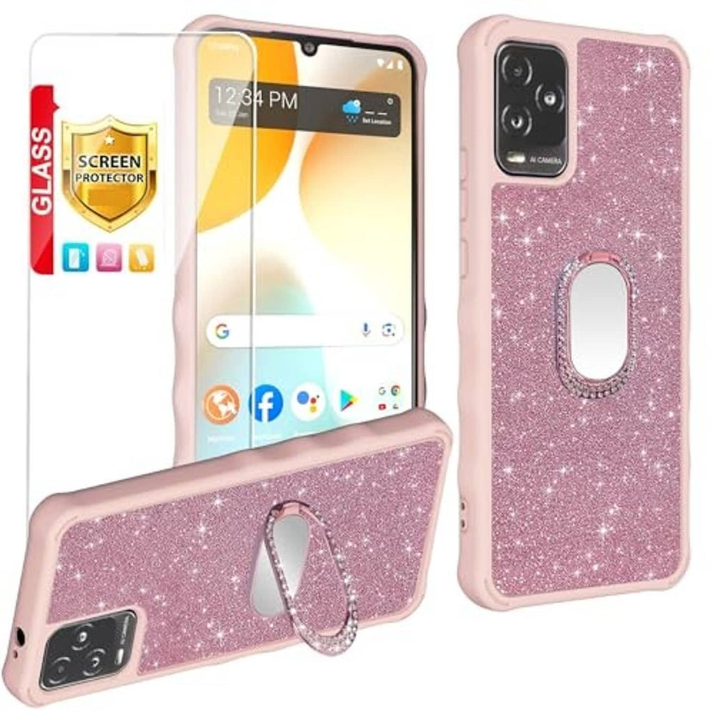 Pink glitter phone case with tempered glass screen protector, oval ring cutout