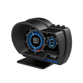Black OBD+GPS HUD digital gauge with blue speed dial and round turbo display on stand