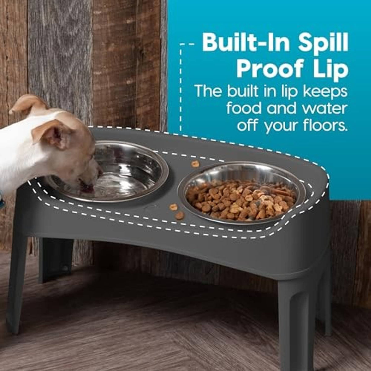 Gray elevated dog bowl set with two stainless steel bowls and spill-guard lip