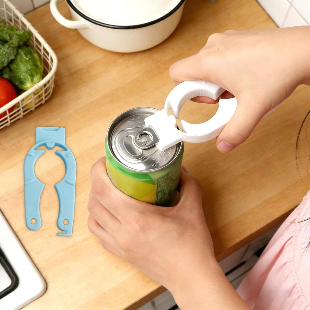 Light blue plastic bottle cap opener gripper removing top from sealed can on counter