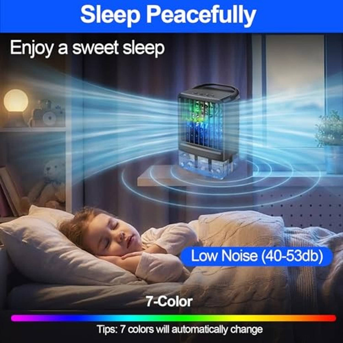 Dark black portable air conditioner cooling fan beside a bed with glowing front LEDs