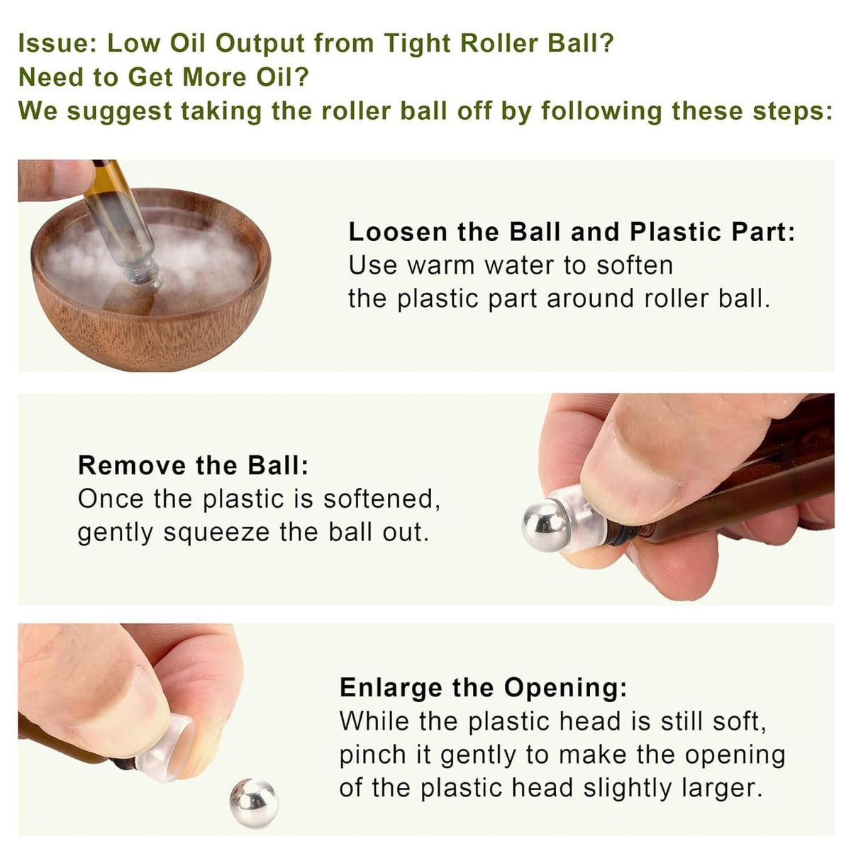 Roll-on bottle roller ball shown with instructions for loosening and opening the head