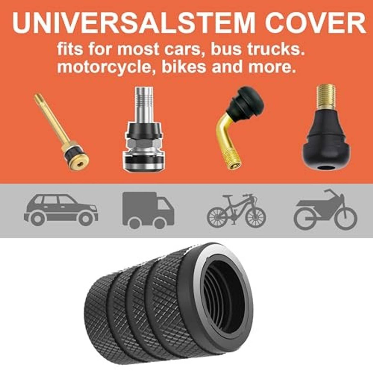 Black tire valve stem cap with diamond grip texture and threaded opening