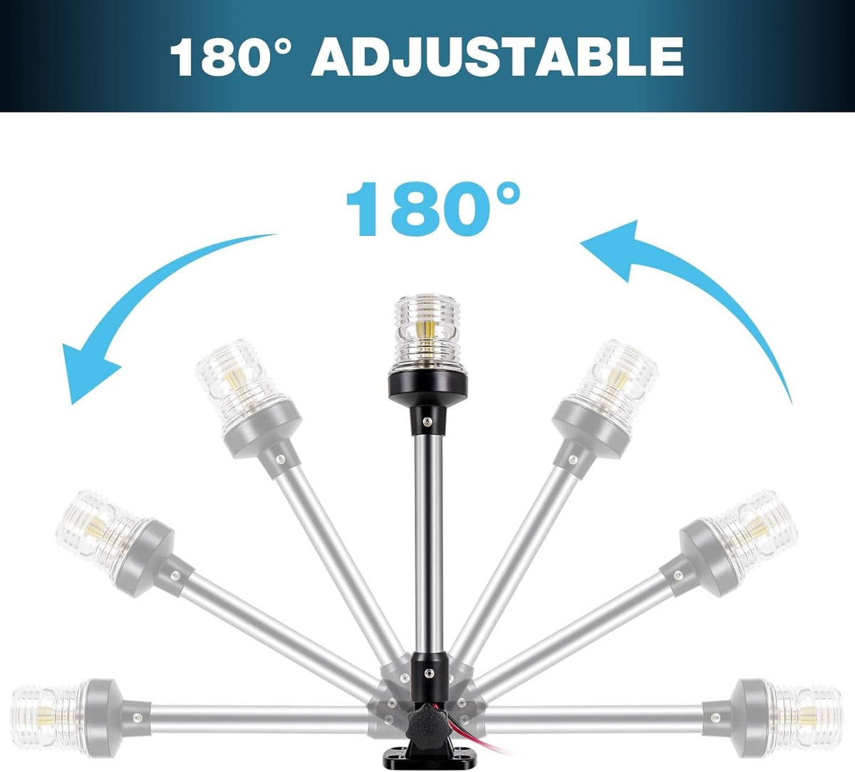 Adjustable boat stern anchor light with multiple clear lens heads on chrome poles