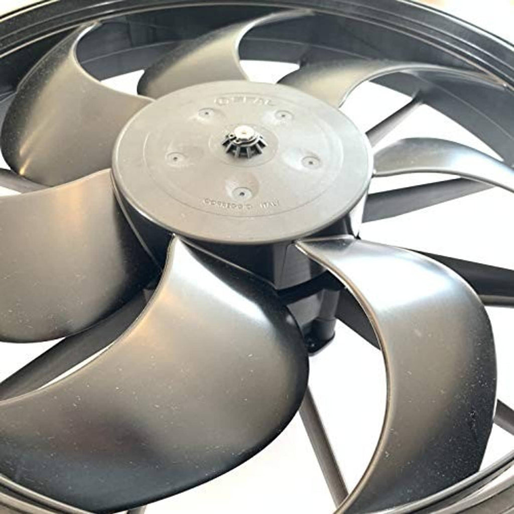 SPAL 12V puller fan with curved blades and central motor hub, silver/black housing