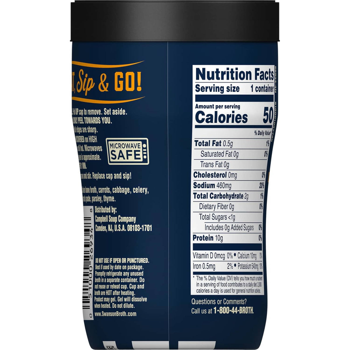 Bone broth cup back panel with Nutrition Facts and ingredients information