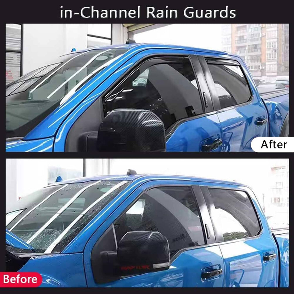 In-channel rain guards on windows, black vent visors with red trim accents