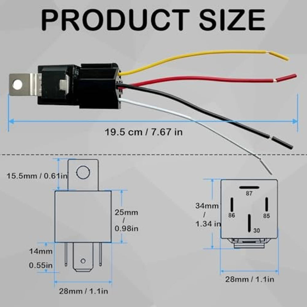 4-pin relay with harness dimensions, metal mounting bracket and pin layout