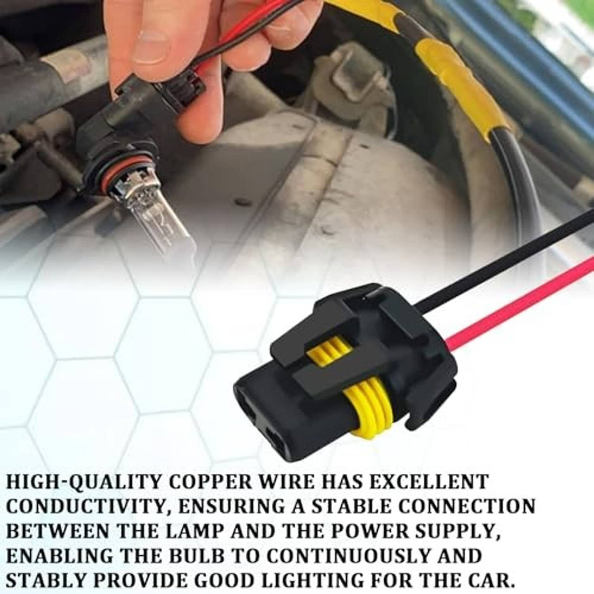 Hand holding headlight wiring harness pigtail with female connector and red/black wires