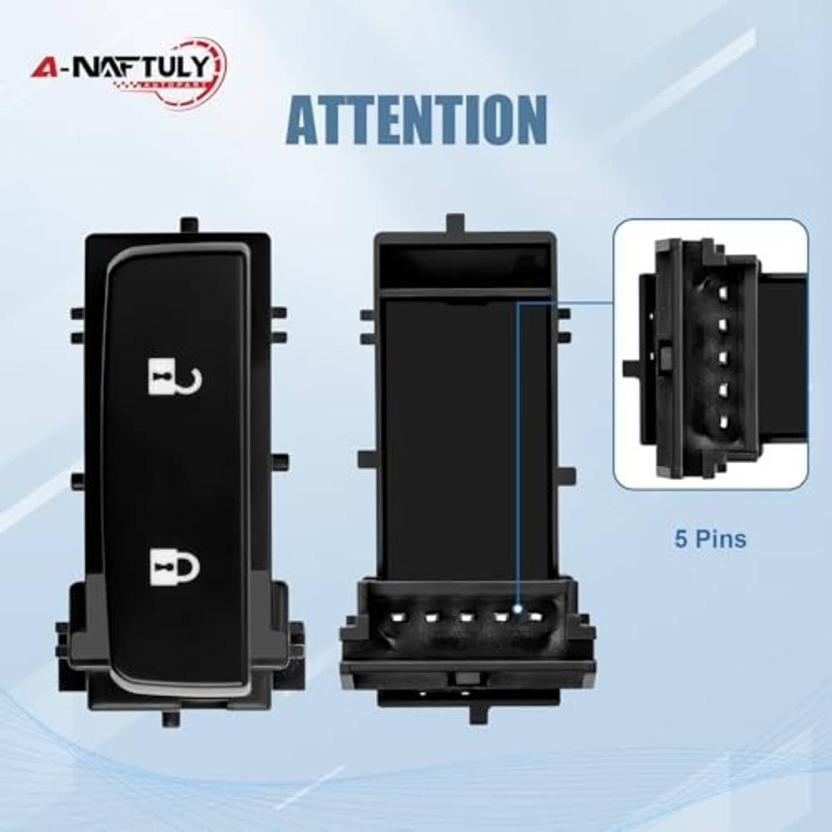 Black door lock/audio window switch, side and back views with pin connector (5 pins)