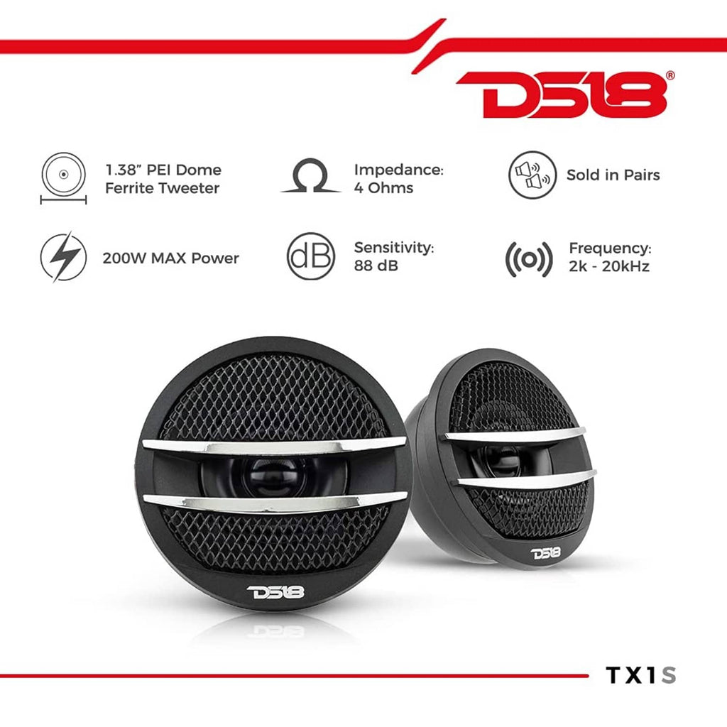 DS18 TX1S ferrite tweeters, black mesh dome units with silver accent strips