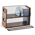 Wooden CD storage rack with metal mesh sides and open front flap