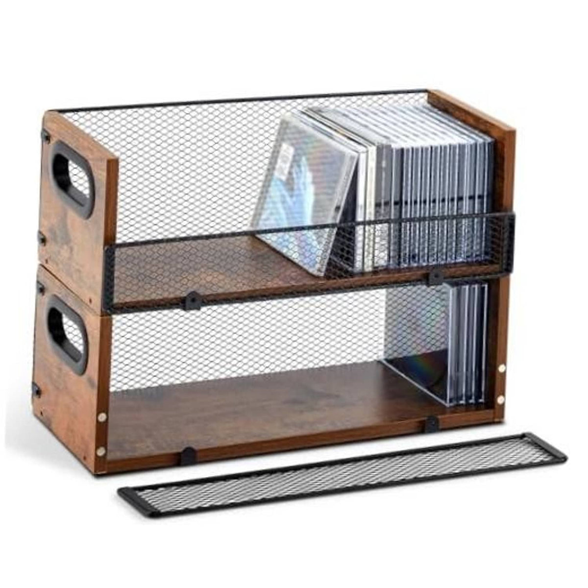 Wooden CD storage rack with metal mesh sides and open front flap