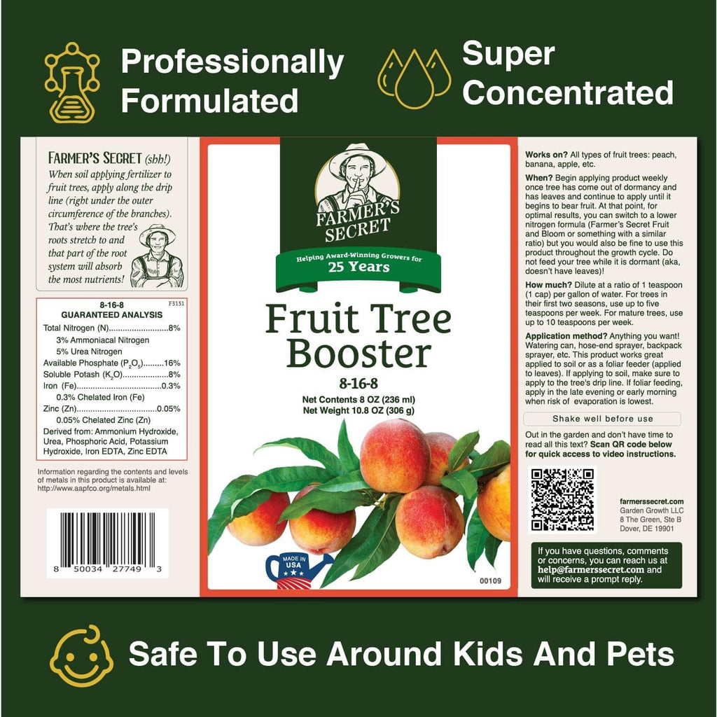 Fruit tree booster fertilizer label panel with ingredients and directions text
