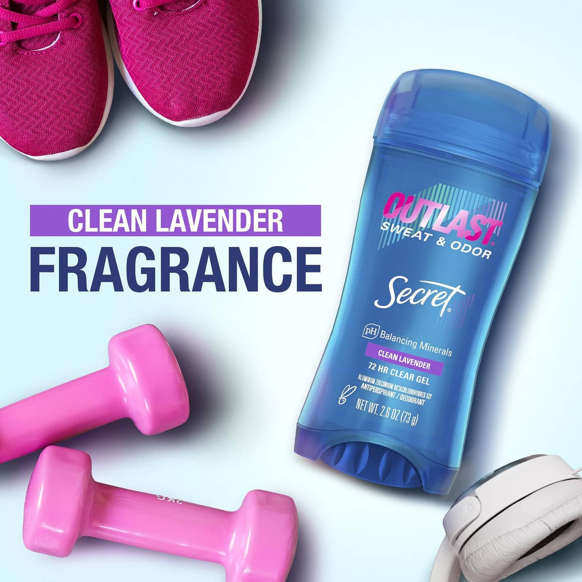 Secret Outlast clear gel antiperspirant deodorant bottle with Clean Lavender fragrance text