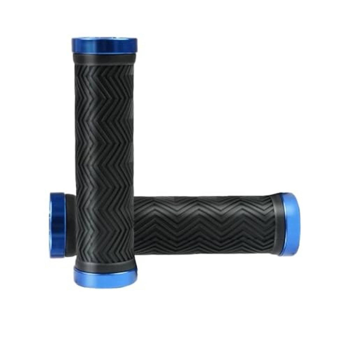 Bike handlebar grips, black rubber zigzag pattern with blue aluminum end caps.