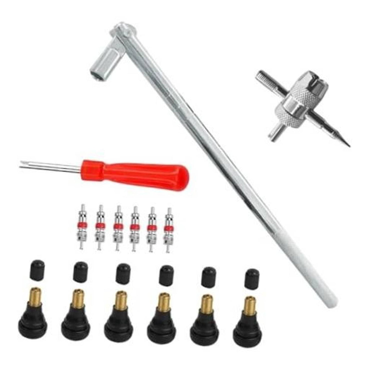 Tire valve stem puller installer tool kit with long metal rod, red handle, valve inserts