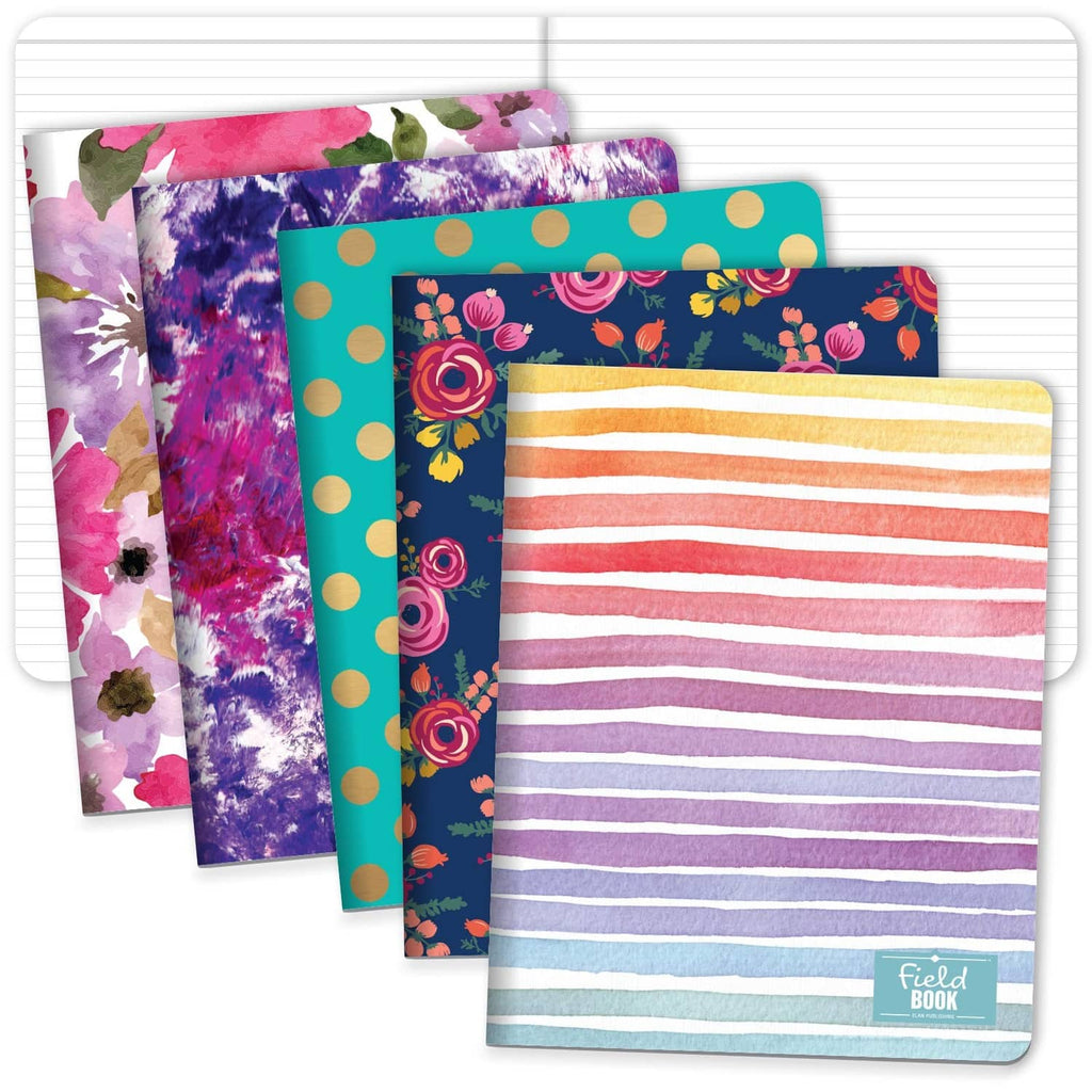 Set of five 8x10 ruled memo notebooks with assorted colorful patterned covers
