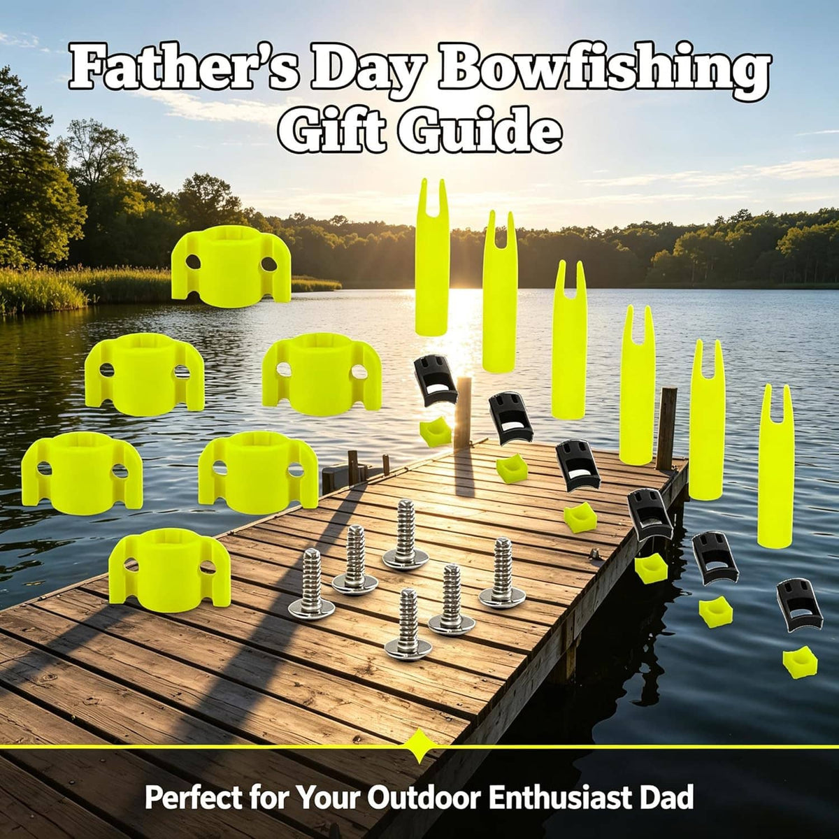 Bowfishing arrow safety slides kit: neon yellow nocks, black clamps, and screw fasteners