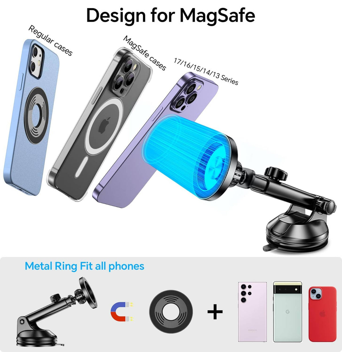Black MagSafe-compatible car mount with magnetic ring and suction stand