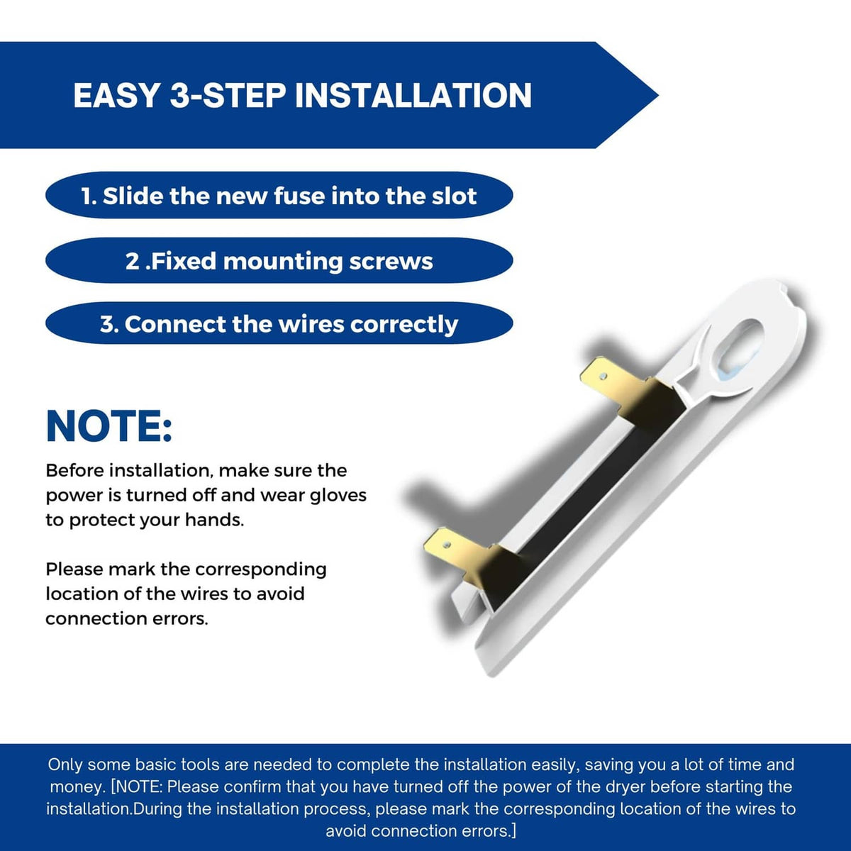Dryer thermal fuse with gold terminals and black heat strip on white mounting bracket