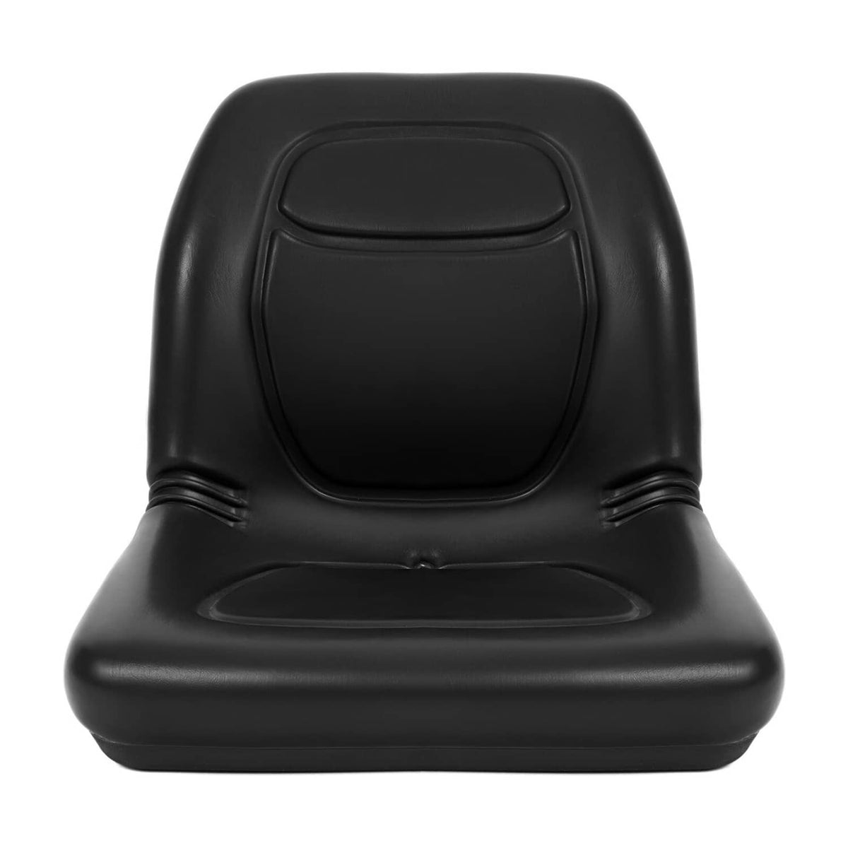Black seat back with rounded rectangular panel and smooth molded contours.