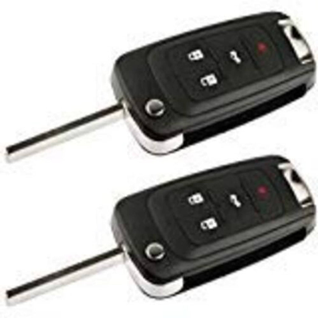 Black flip key fob shell case with lock and unlock buttons and metal key blade, two views