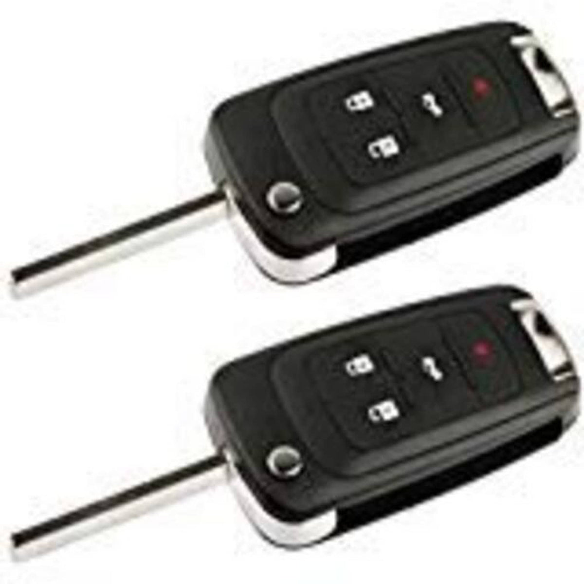 Black flip key fob shell case with lock and unlock buttons and metal key blade, two views
