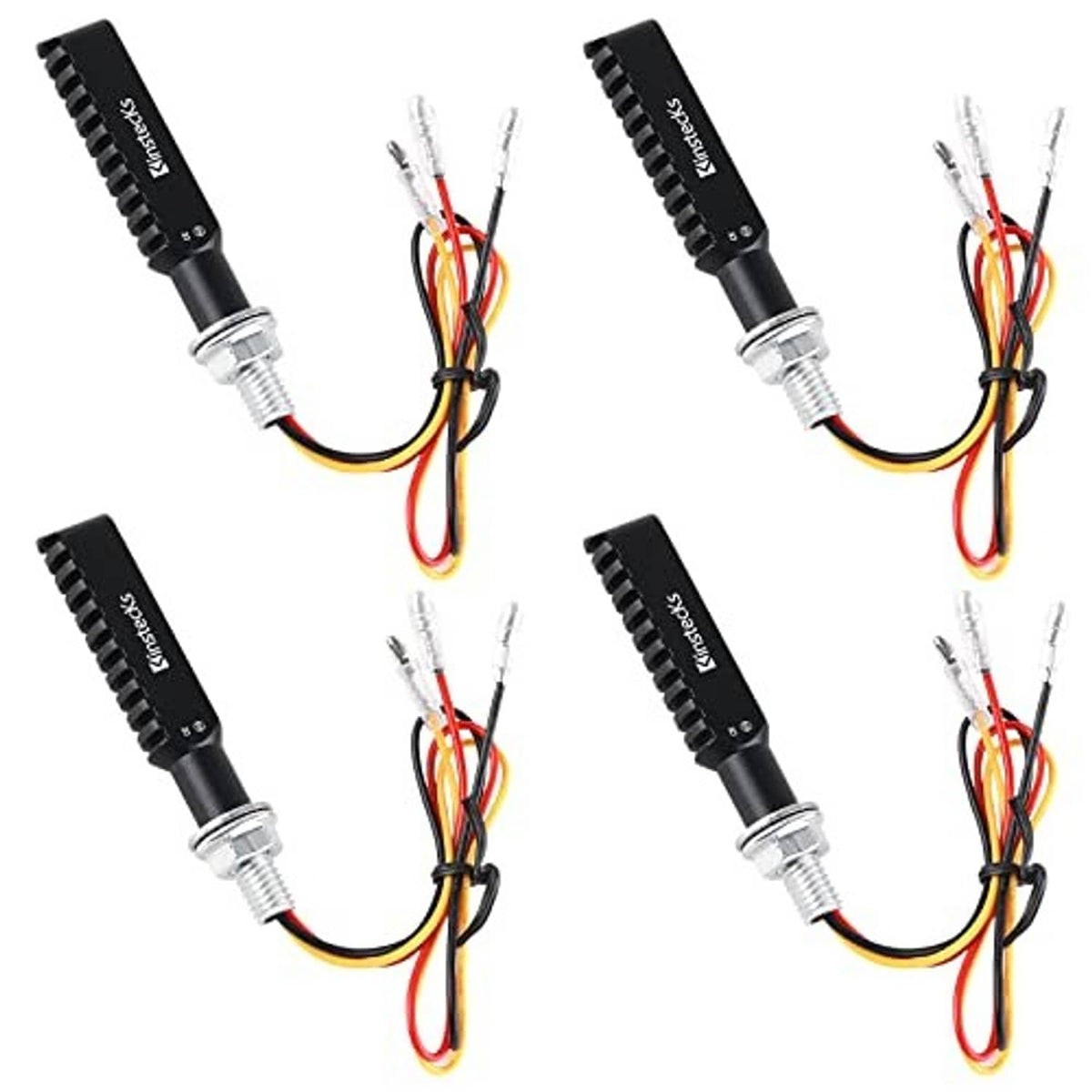 Set of four black motorcycle LED indicator lights with colored wire leads and plugs