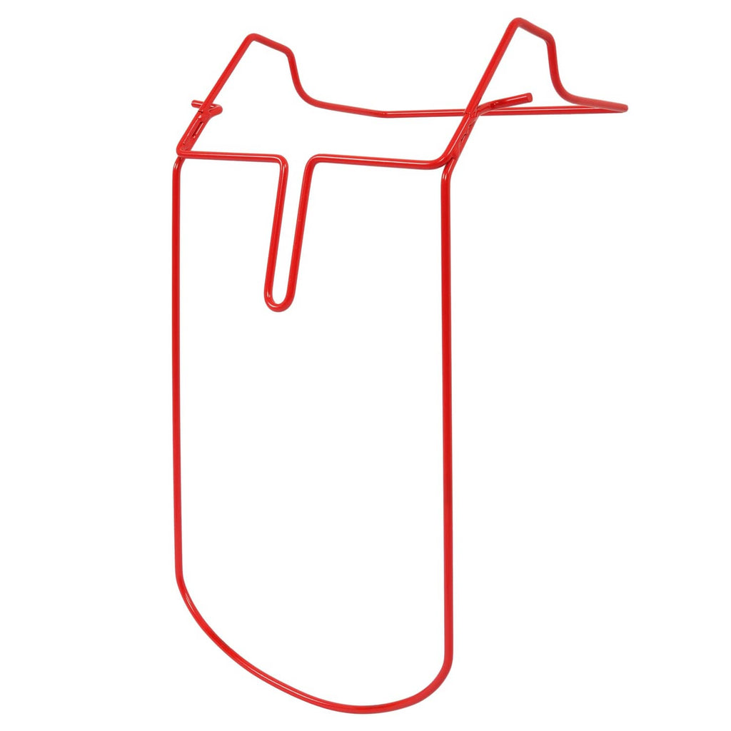 Red grass bag frame in vertical view with curved base and top brackets