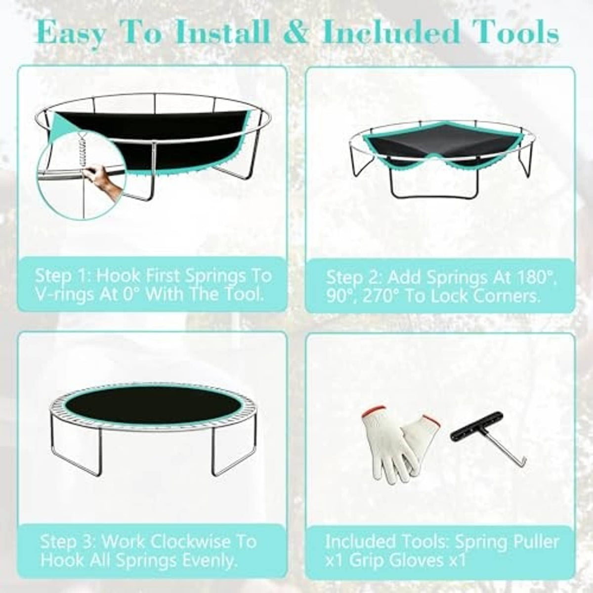 Trampoline replacement mat with included tools: spring puller and grip gloves