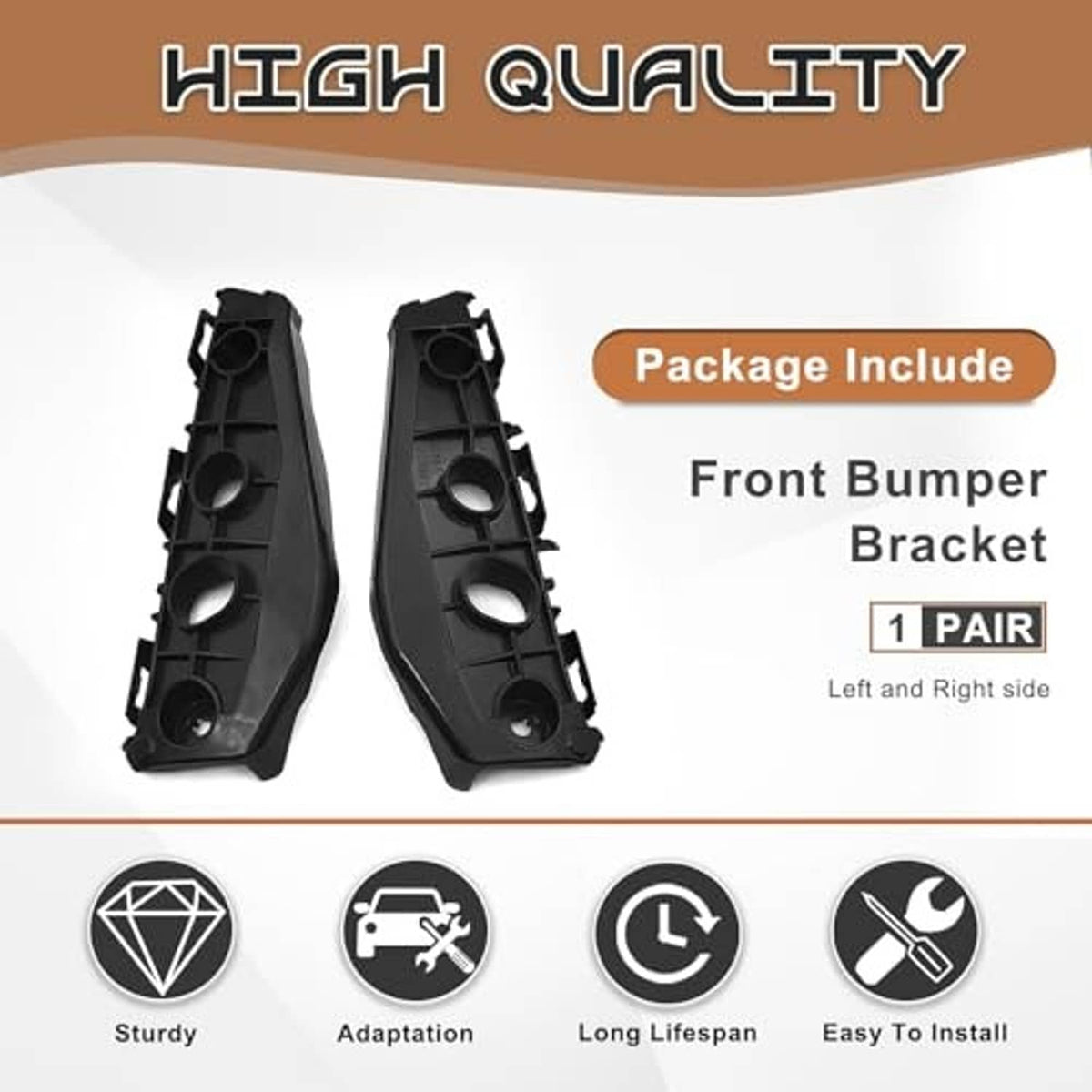 Left and right black front bumper bracket pair, molded plastic with round openings