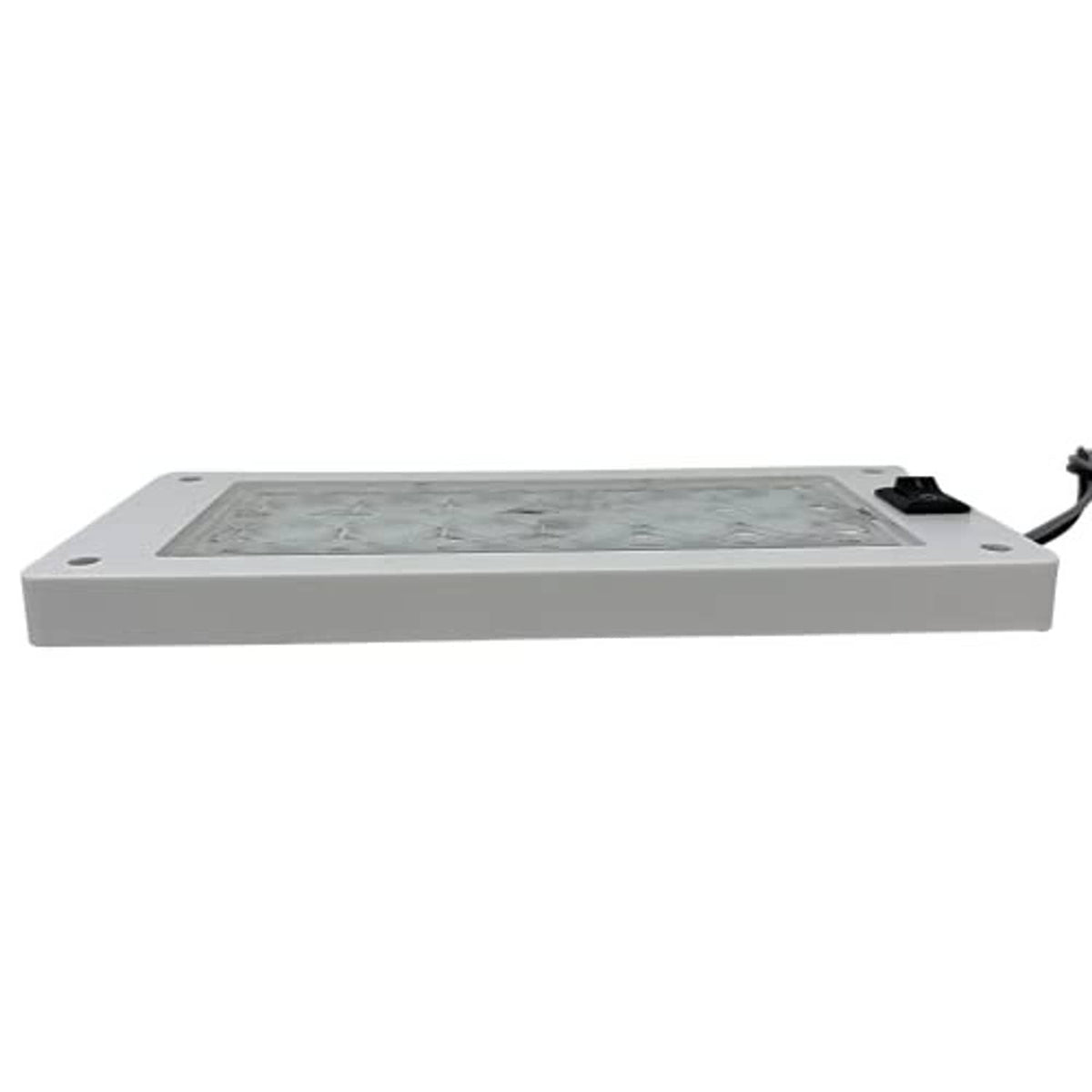 Rectangular LED interior light with slim silver housing and black switch on side